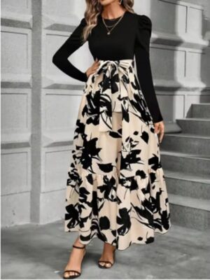 Chic Color Block Floral A-Line Dress for Women 1