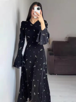 Eid Muslim Women Ramadan Dress Lotus Sleeve Belted Abaya SL2