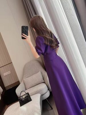 Elegant Women’s Purple Summer Dress with Lantern Sleeves, High Waist, and Half High Collar1