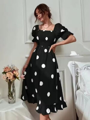 Off Shoulder Polka Dot Midi Dress Elegant Stretchy Office Wear SL17