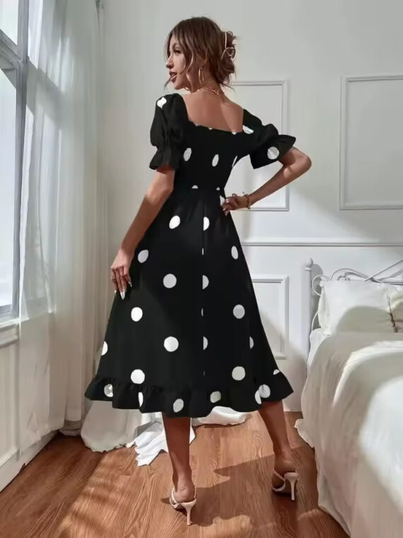 Off Shoulder Polka Dot Midi Dress Elegant Stretchy Office Wear SL17