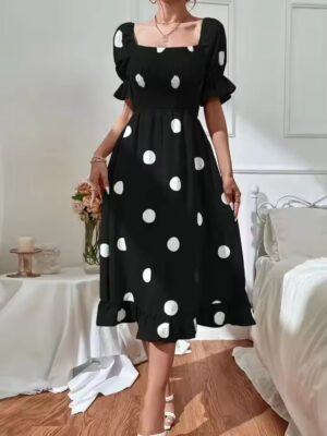 Off Shoulder Polka Dot Midi Dress Elegant Stretchy Office Wear 3