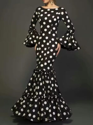 Polka Dot Flare Sleeve Ruffle Long Vintage Dress SL6