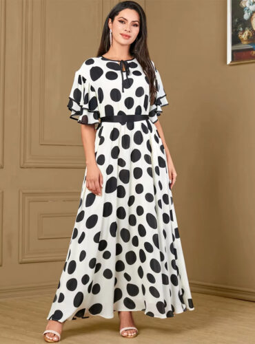 Sisikakia Polka Dot Ruffle Sleeve Belted A-Line Abaya 1