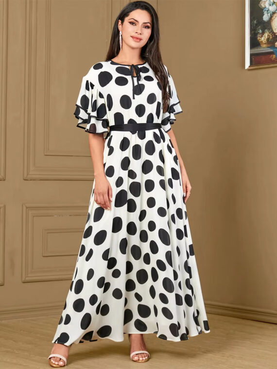 Sisikakia Polka Dot Ruffle Sleeve Belted A-Line Abaya SL9