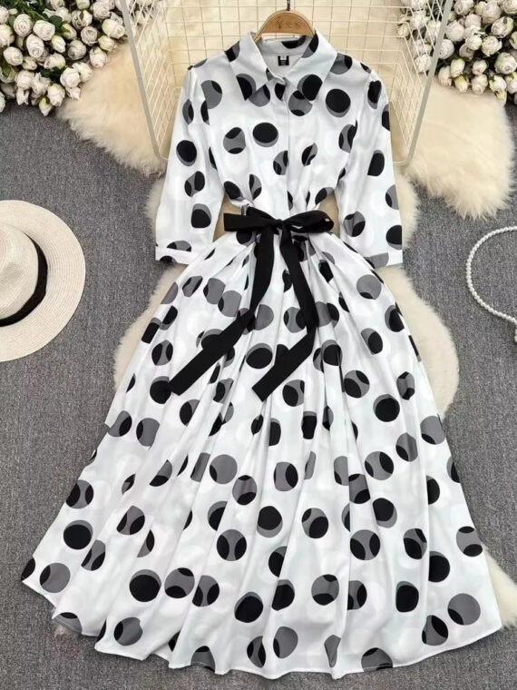 Summer Polka Dot A-Line Shirt Dress Belted Half Sleeve SL11