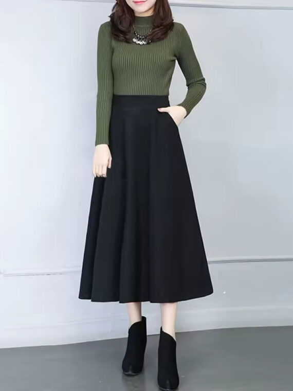 Winter High Waist Wool A-Line Pleated Midi Skirt with Pockets SL13