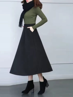 Winter High Waist Wool A-Line Pleated Midi Skirt with Pockets 2