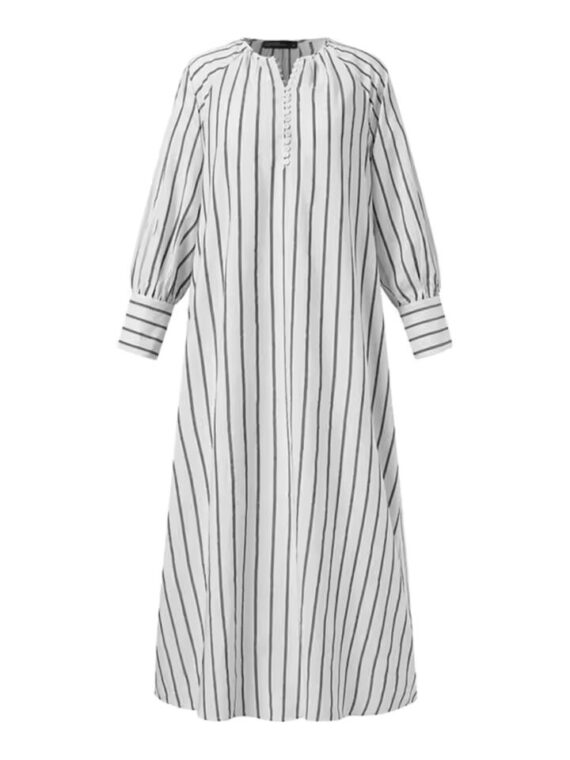 Women's Cotton Linen Striped Long Sleeve Pullover Dress