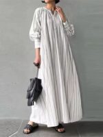 Women's Cotton Linen Striped Long Sleeve Pullover Dress