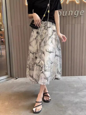 Women’s Floral Mesh Tulle Midi Skirt with Elastic Waist SL14